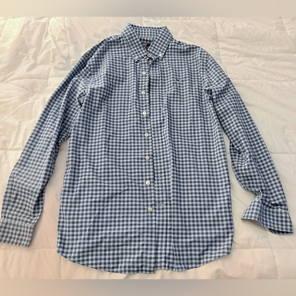 Vineyard Vines Blue plaid button down. Boys large 16. Soft & light. Worn 1 hour